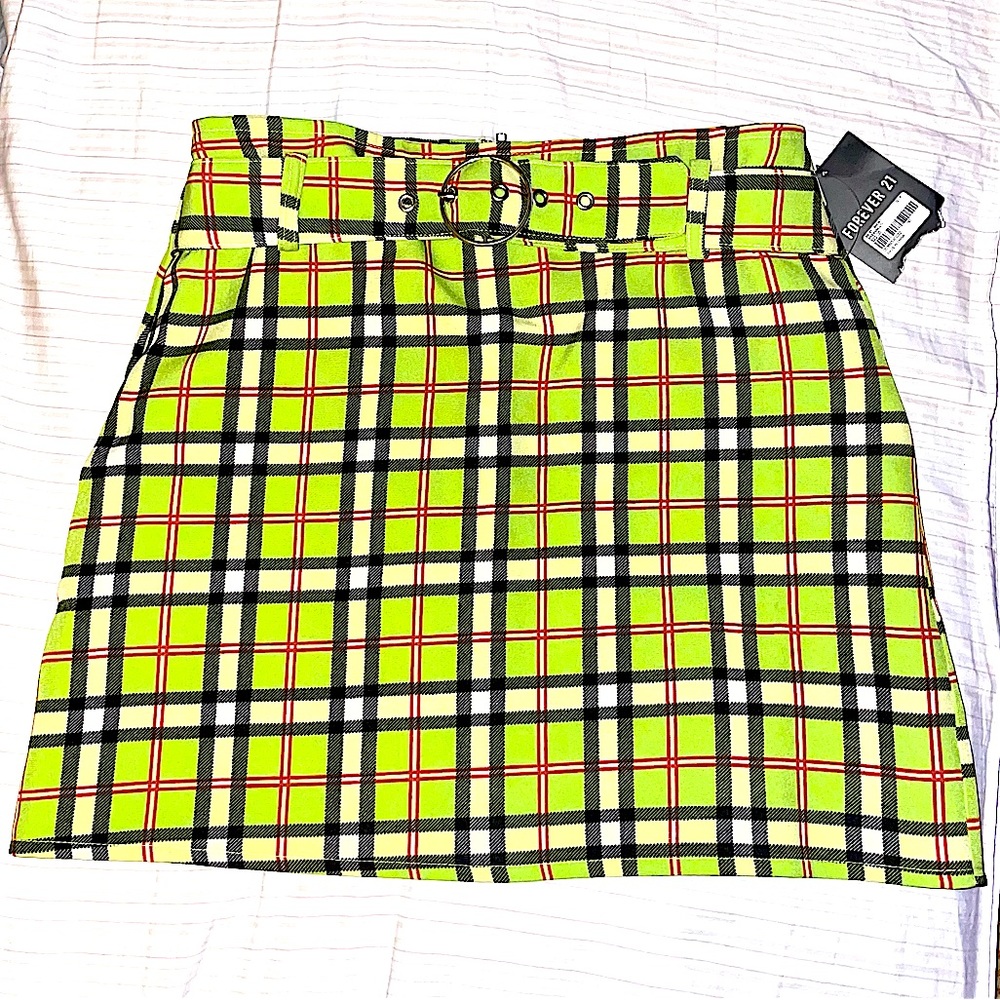 ✧ NWT Lime Green Plaid High Waisted Bodycon Mini Skirt ✧